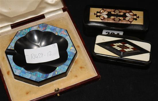 An Art Deco opal faced slate ashtray and two Bohemian inlaid snuff boxes